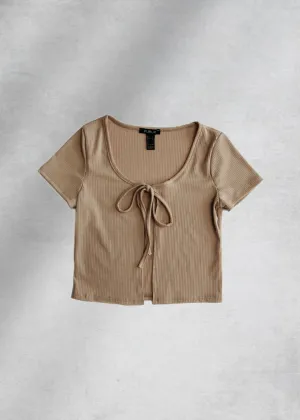 July Ribbed Front-Tie Top - Beige