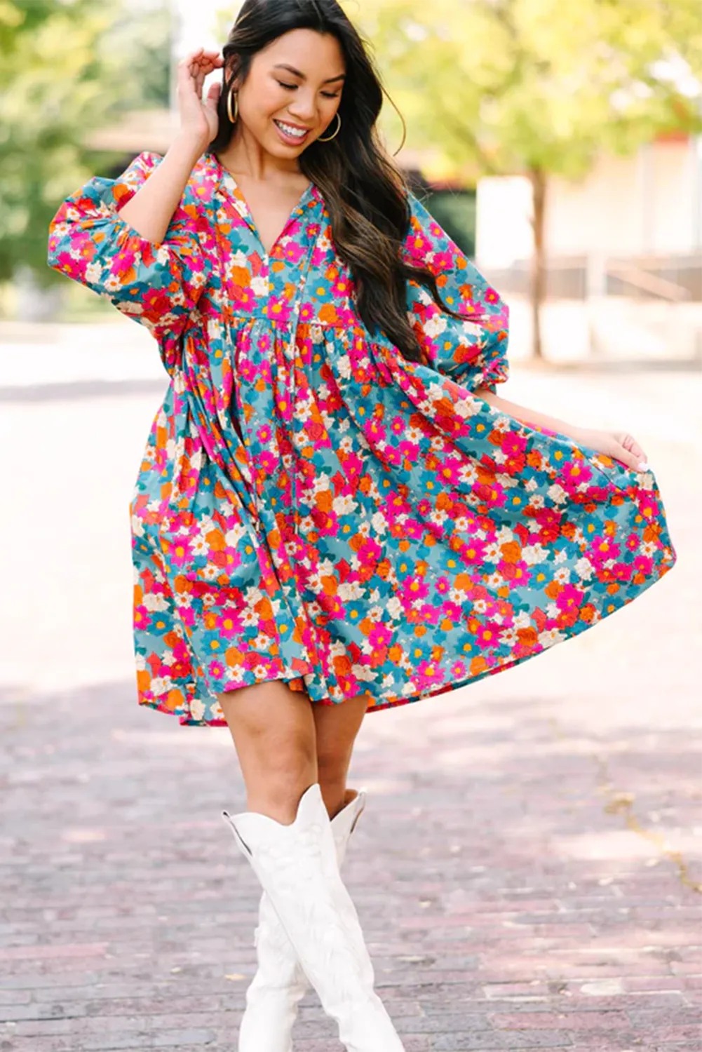 KaleaBoutique Floral Print Tie Split Neck Bubble Sleeve Babydoll Dress