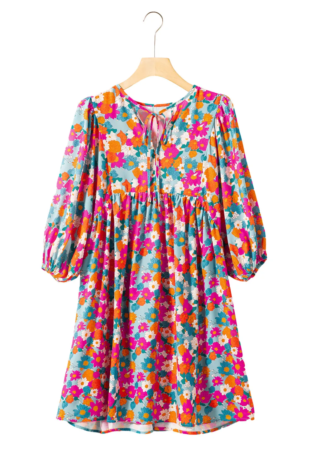 KaleaBoutique Floral Print Tie Split Neck Bubble Sleeve Babydoll Dress