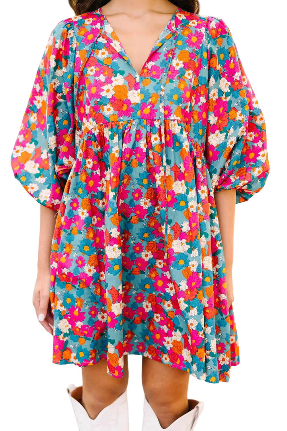 KaleaBoutique Floral Print Tie Split Neck Bubble Sleeve Babydoll Dress