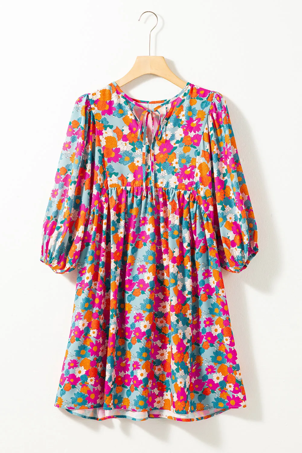 KaleaBoutique Floral Print Tie Split Neck Bubble Sleeve Babydoll Dress