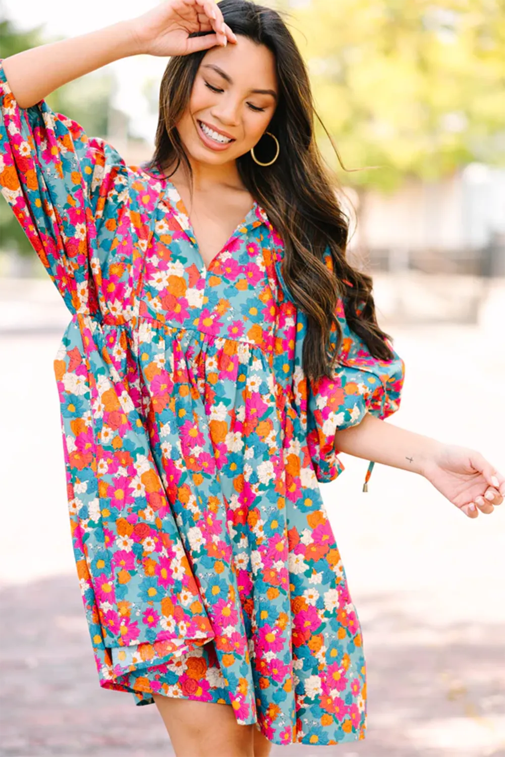 KaleaBoutique Floral Print Tie Split Neck Bubble Sleeve Babydoll Dress