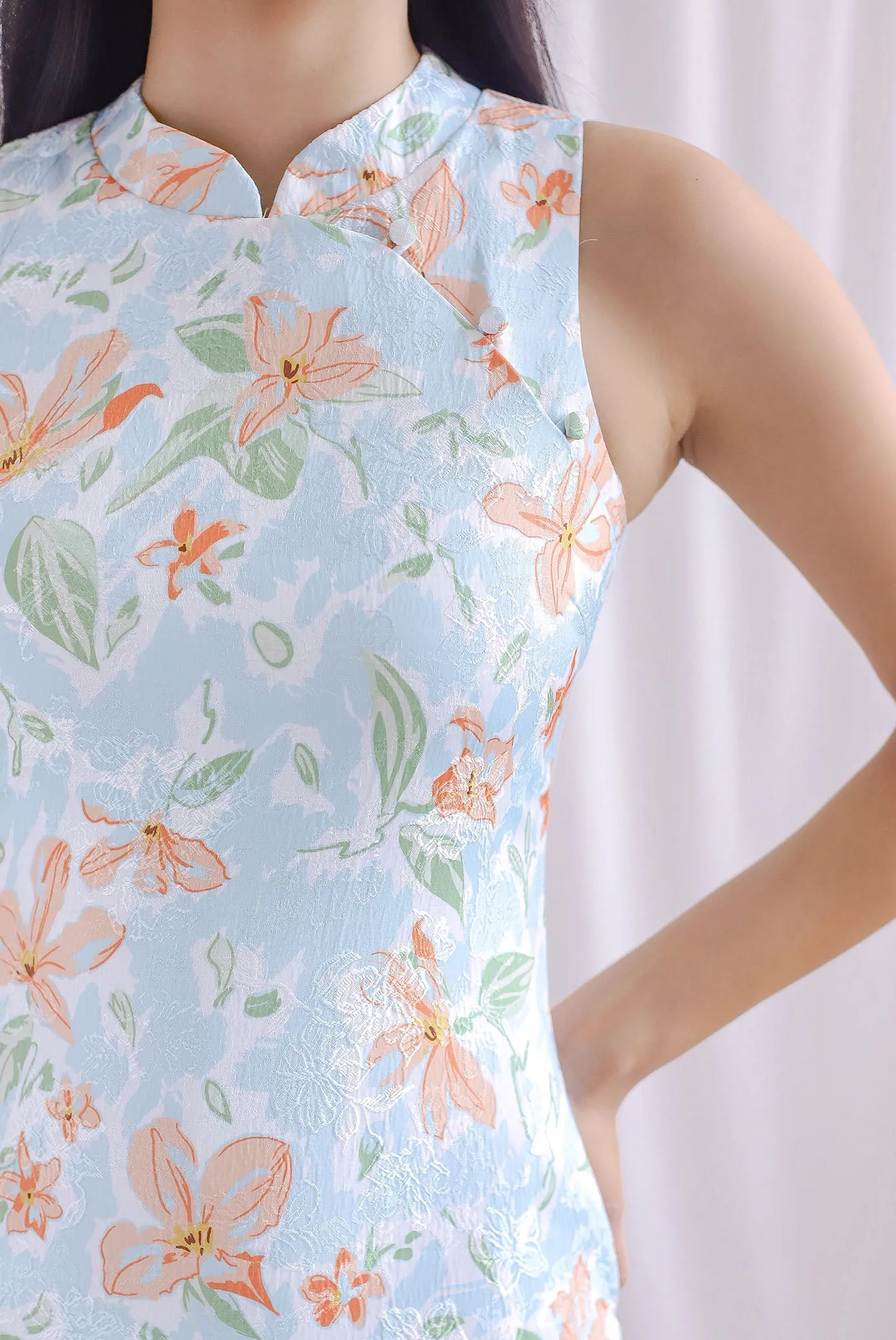 Korren Cheongsam Dress In Blue/Orange Floral