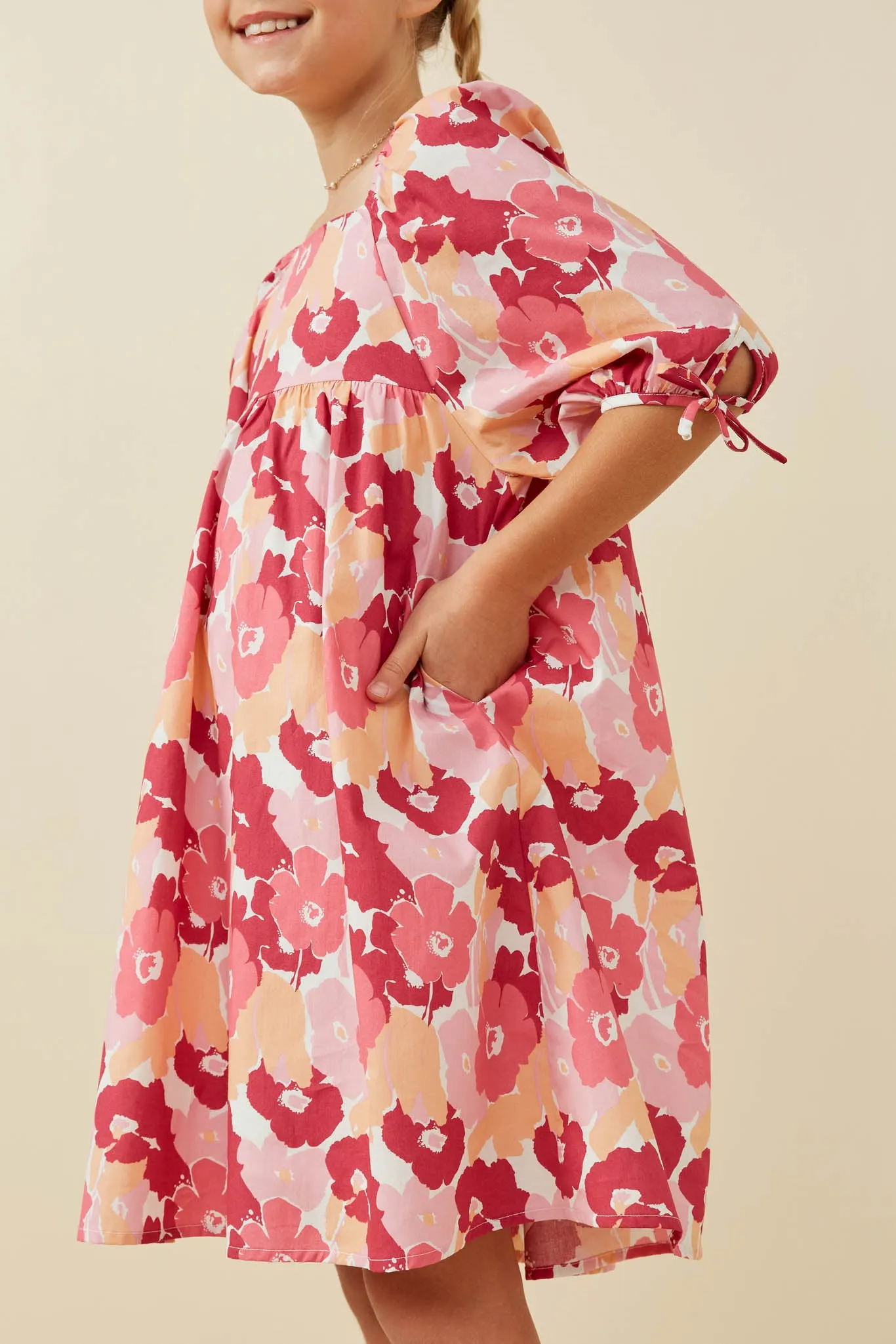 Large Floral Square Neck Puff Sleeve Dress
