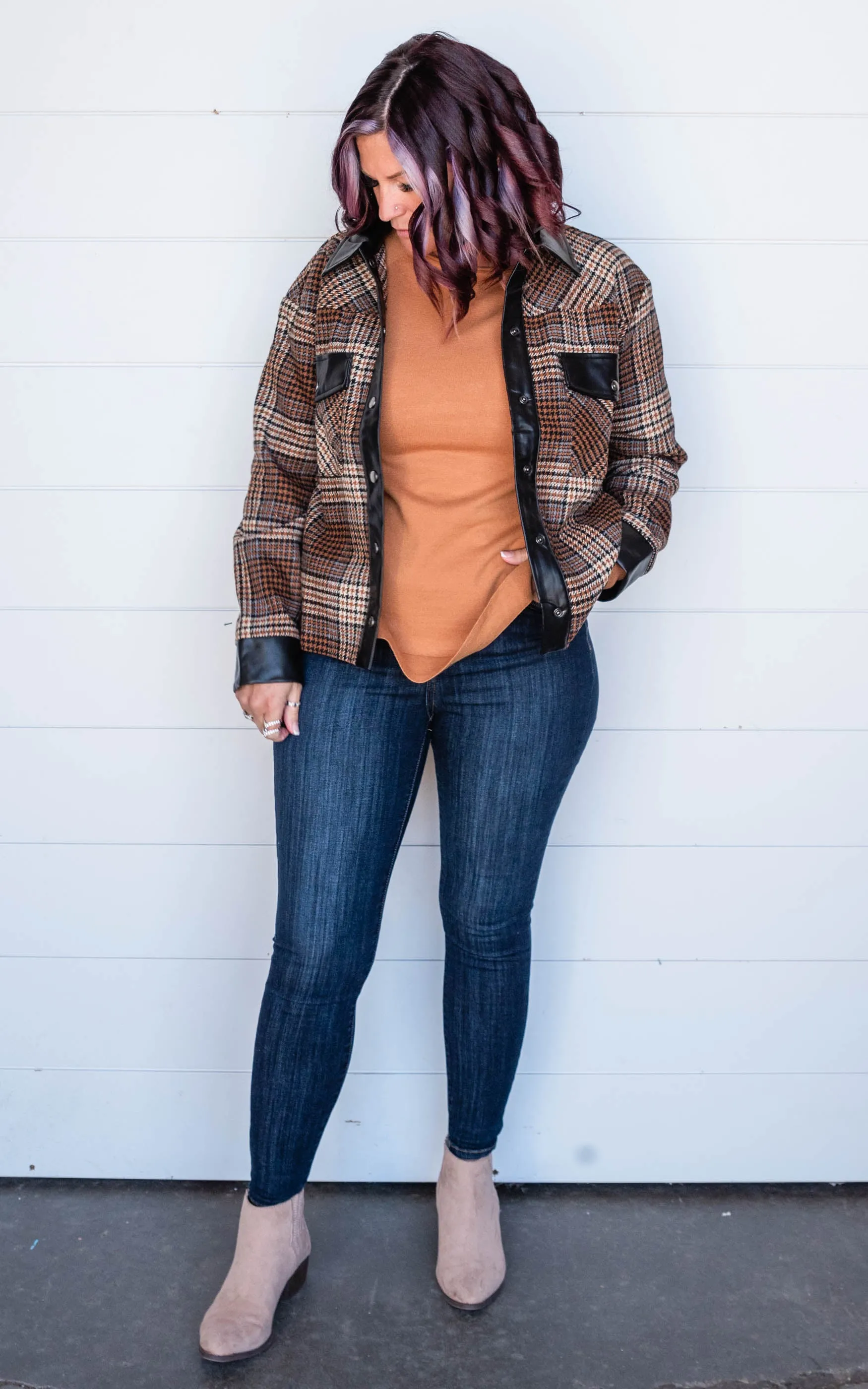 MIXED FAUX LEATHER PLAID JACKET - Final Sale