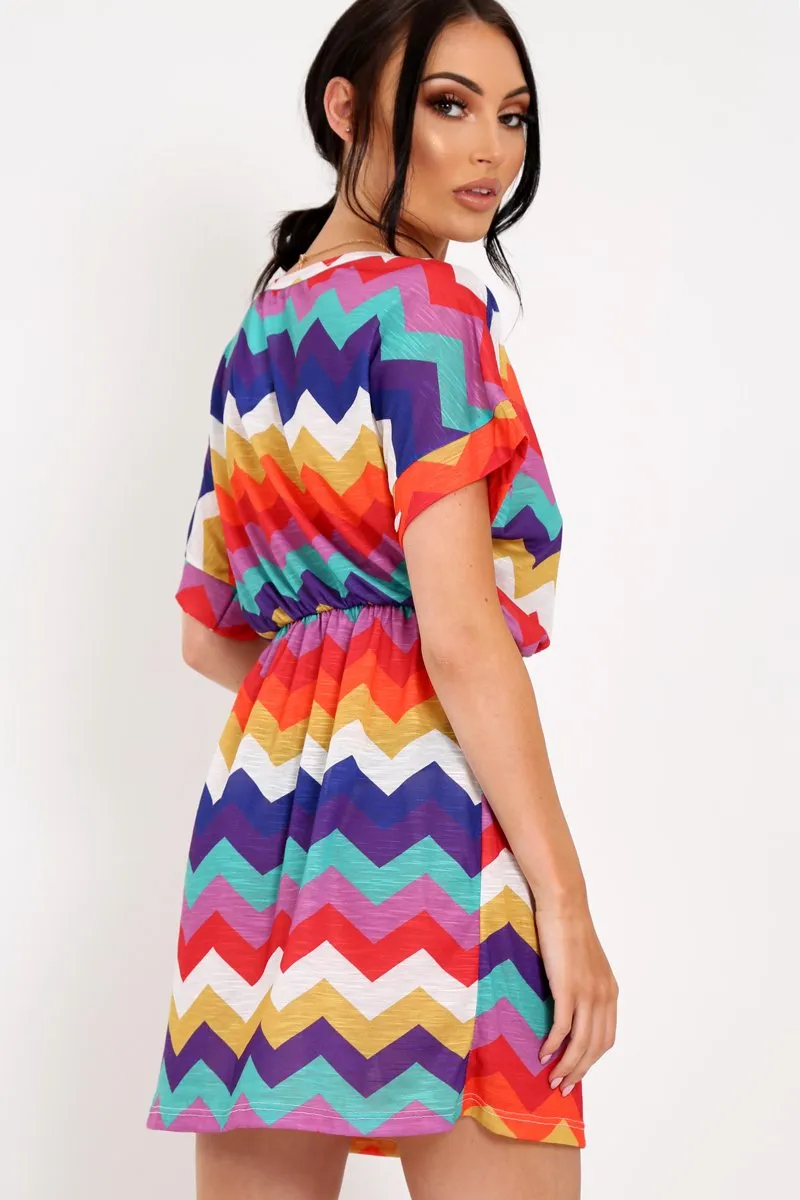 Multi Coloured Zig Zag Tie Waist T Shirt Dress - Maegan