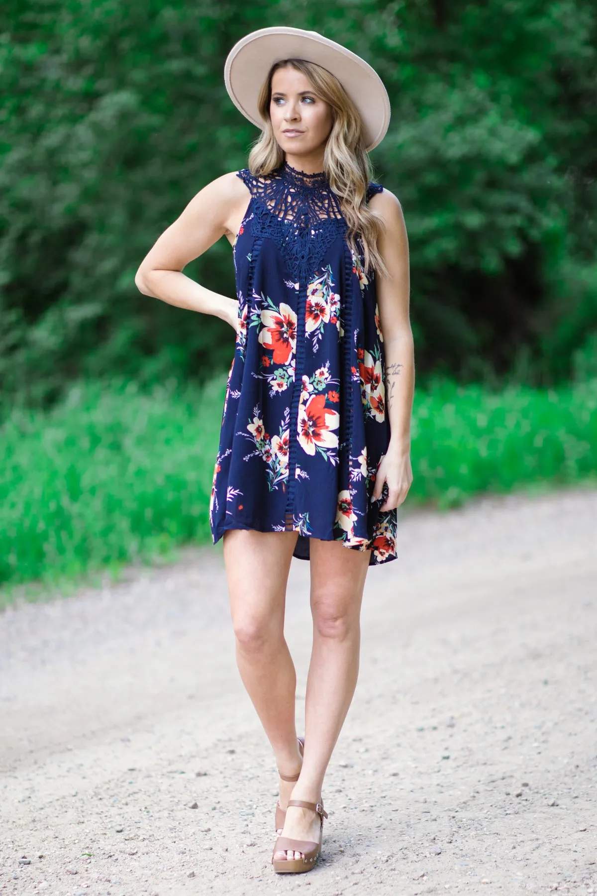 Navy and Red Floral Crochet Lace Yoke Dress