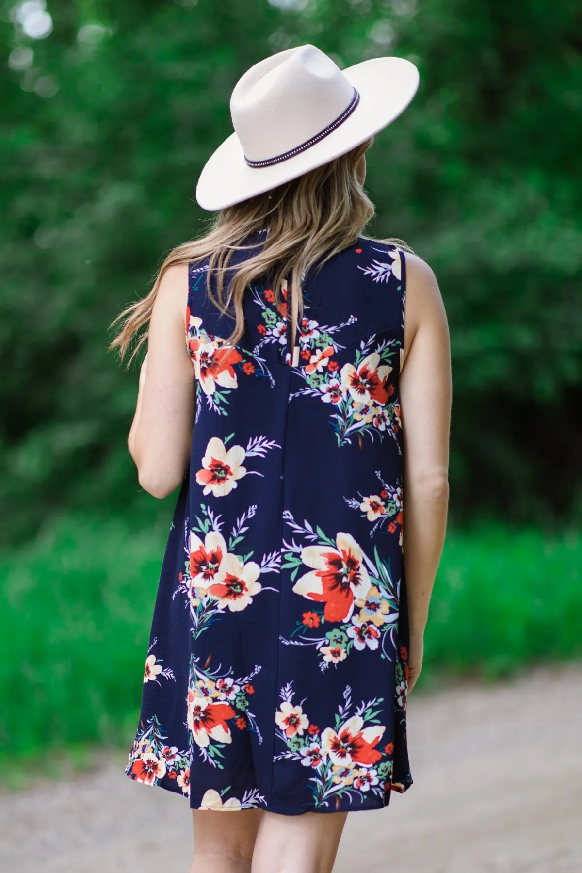 Navy and Red Floral Crochet Lace Yoke Dress