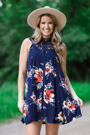 Navy and Red Floral Crochet Lace Yoke Dress