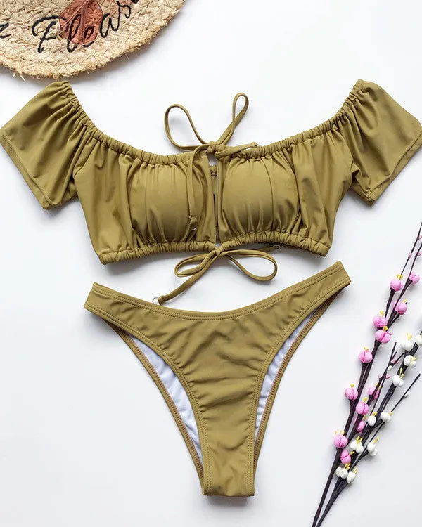 New Tie Front Ruffled Off Shoulder Bikini Sets