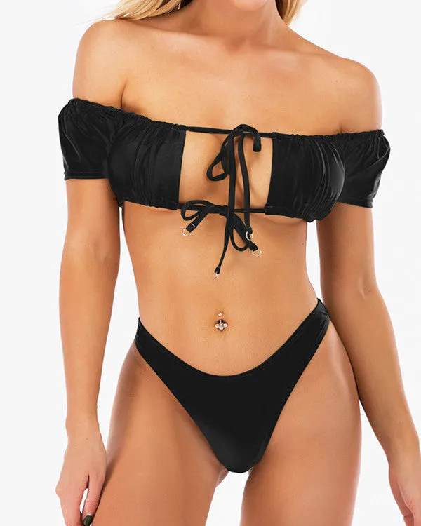 New Tie Front Ruffled Off Shoulder Bikini Sets