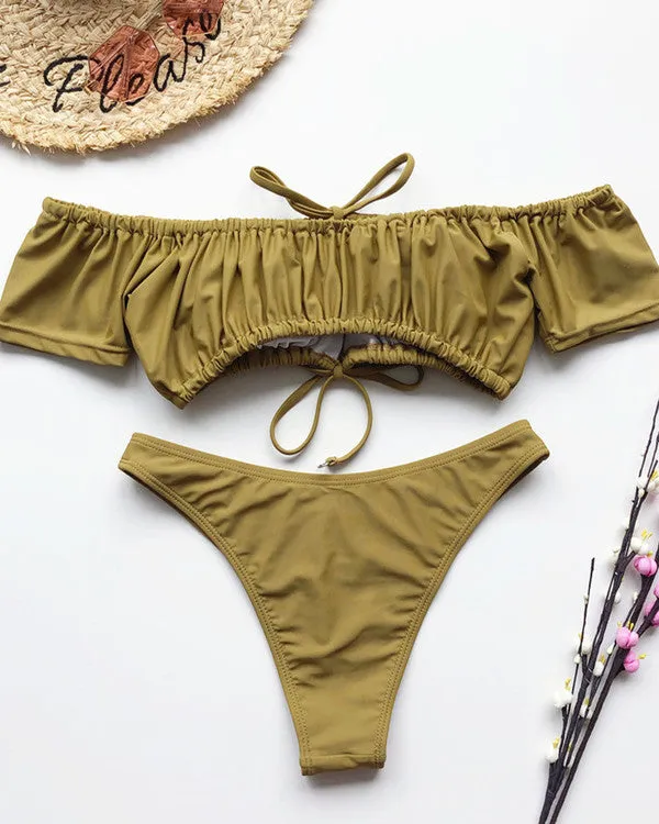 New Tie Front Ruffled Off Shoulder Bikini Sets