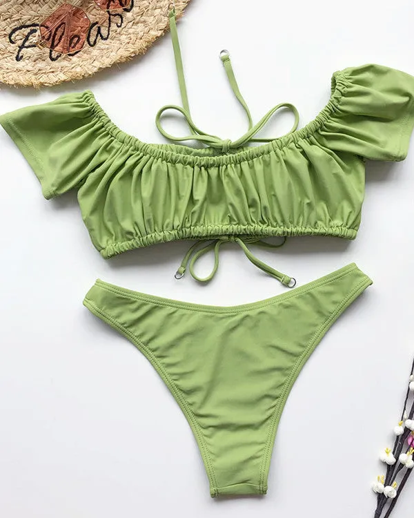 New Tie Front Ruffled Off Shoulder Bikini Sets