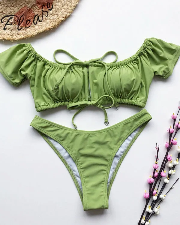 New Tie Front Ruffled Off Shoulder Bikini Sets