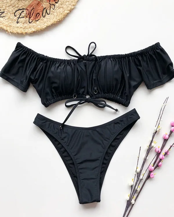 New Tie Front Ruffled Off Shoulder Bikini Sets
