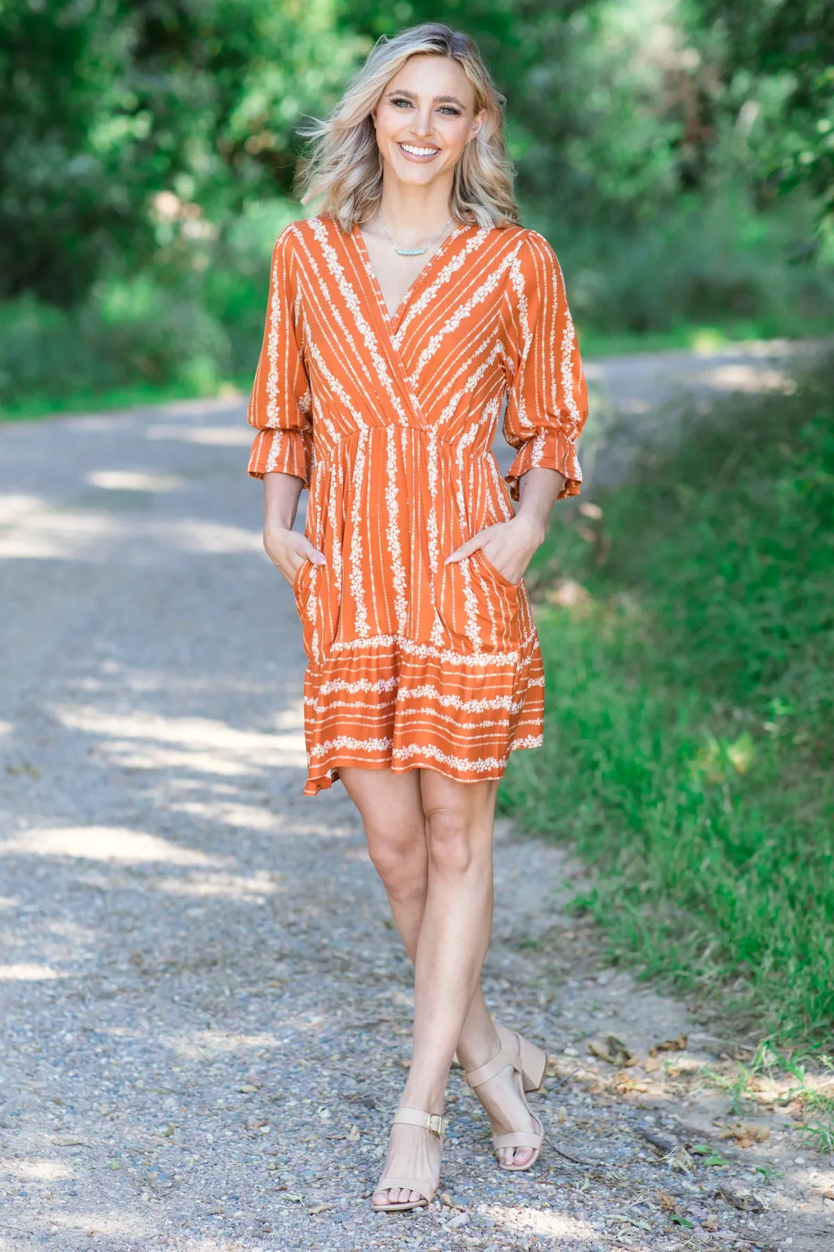 Orange Floral Print Surplice Front Dress