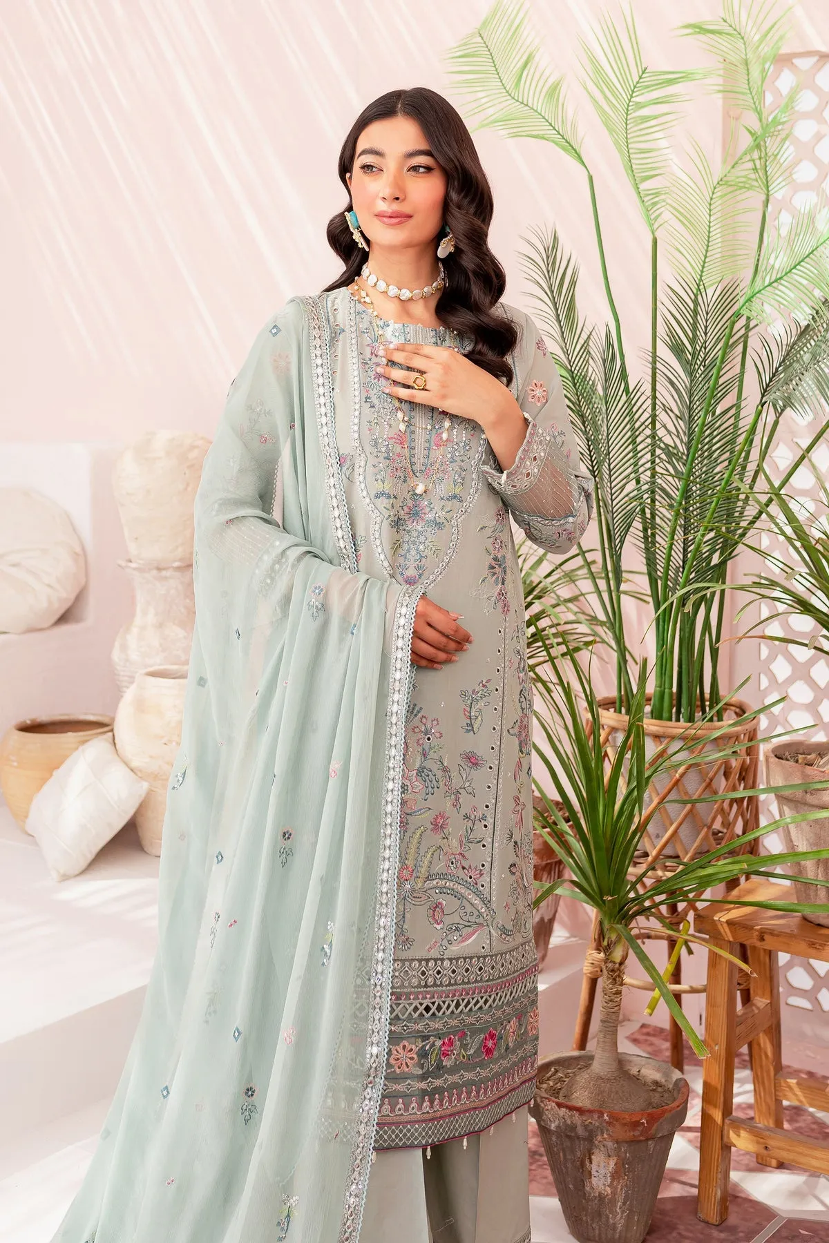 Pakistani Eid Dress in Ice Blue Kameez Trouser Style