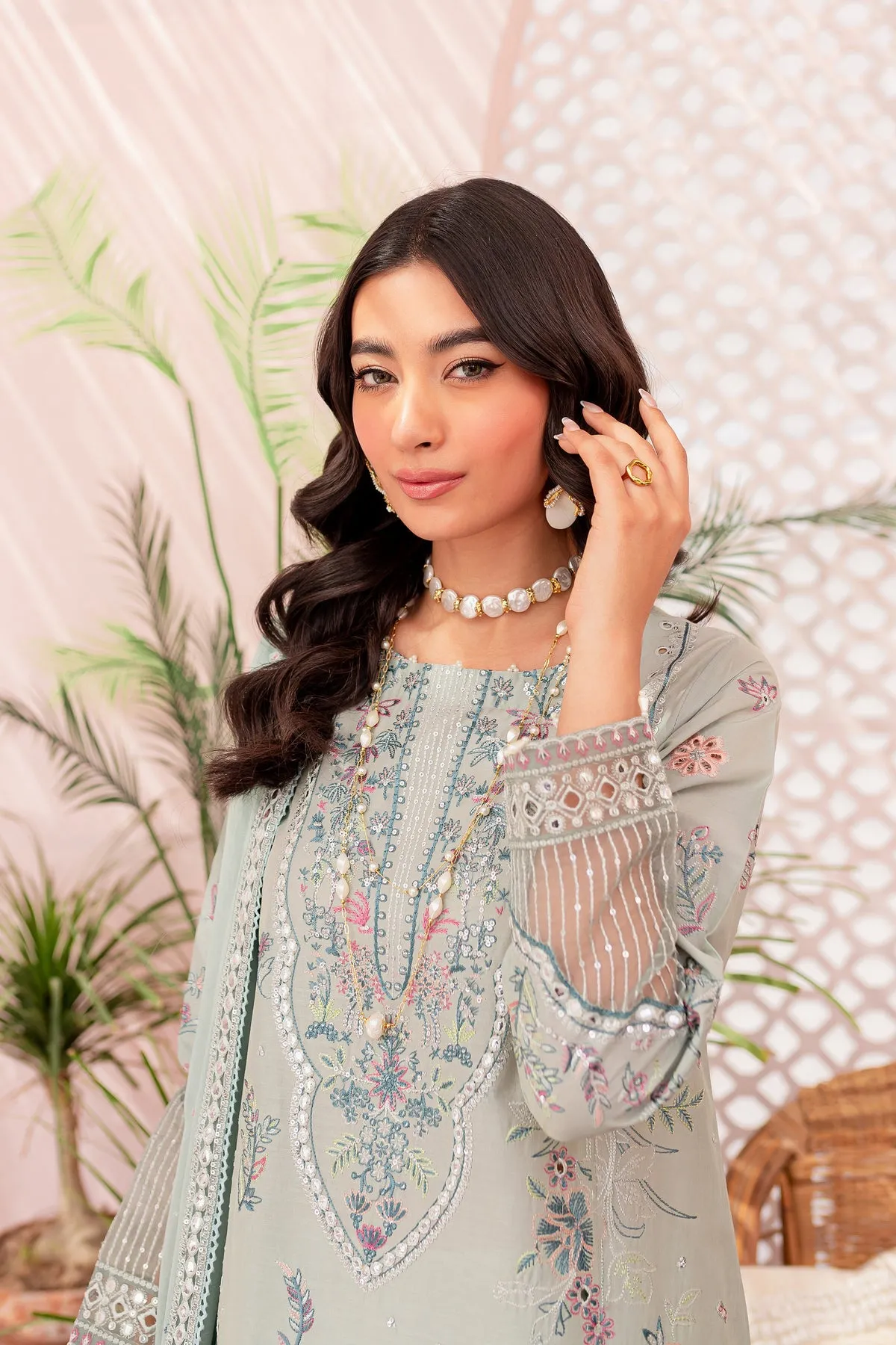 Pakistani Eid Dress in Ice Blue Kameez Trouser Style