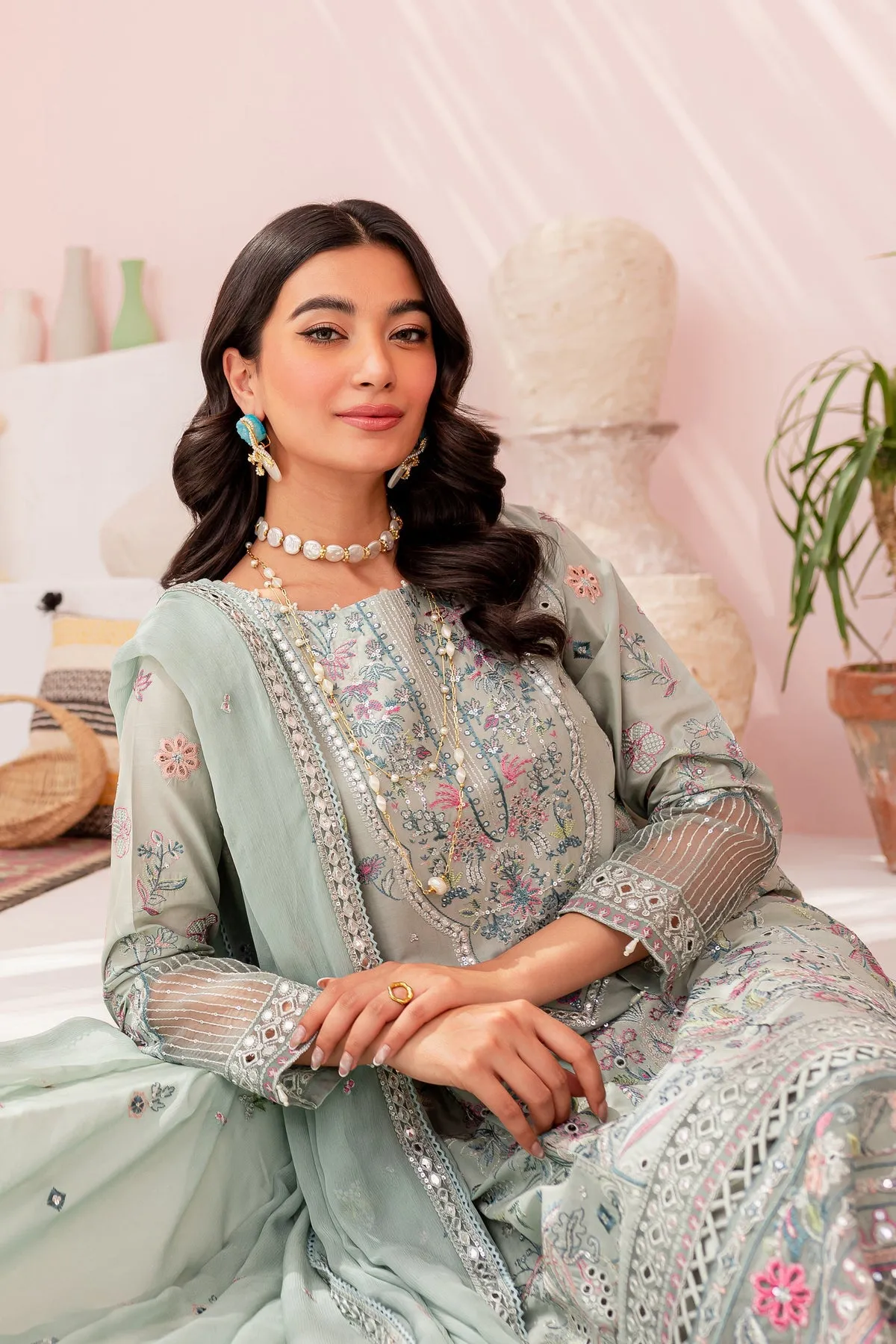 Pakistani Eid Dress in Ice Blue Kameez Trouser Style