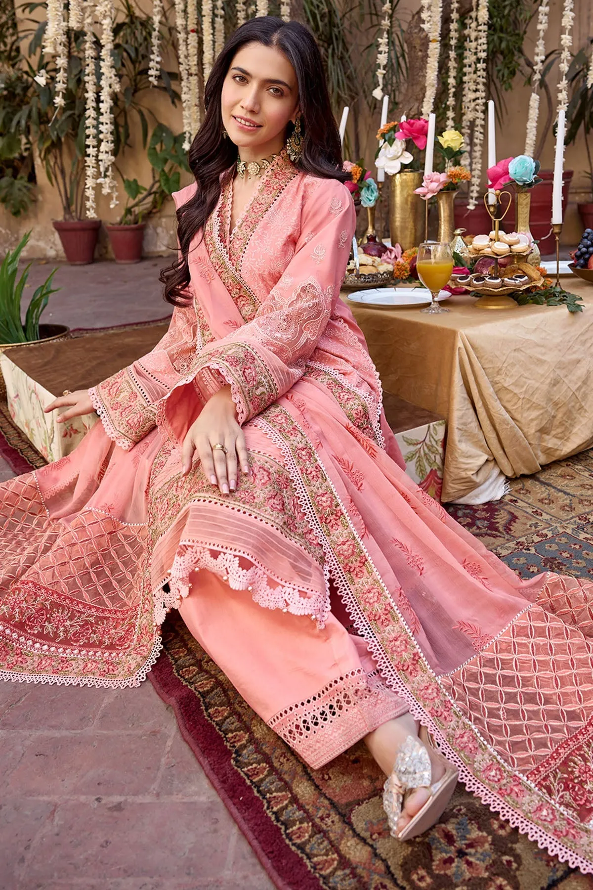 Pakistani Traditional Peach Long kameez Trousers Eid Dress
