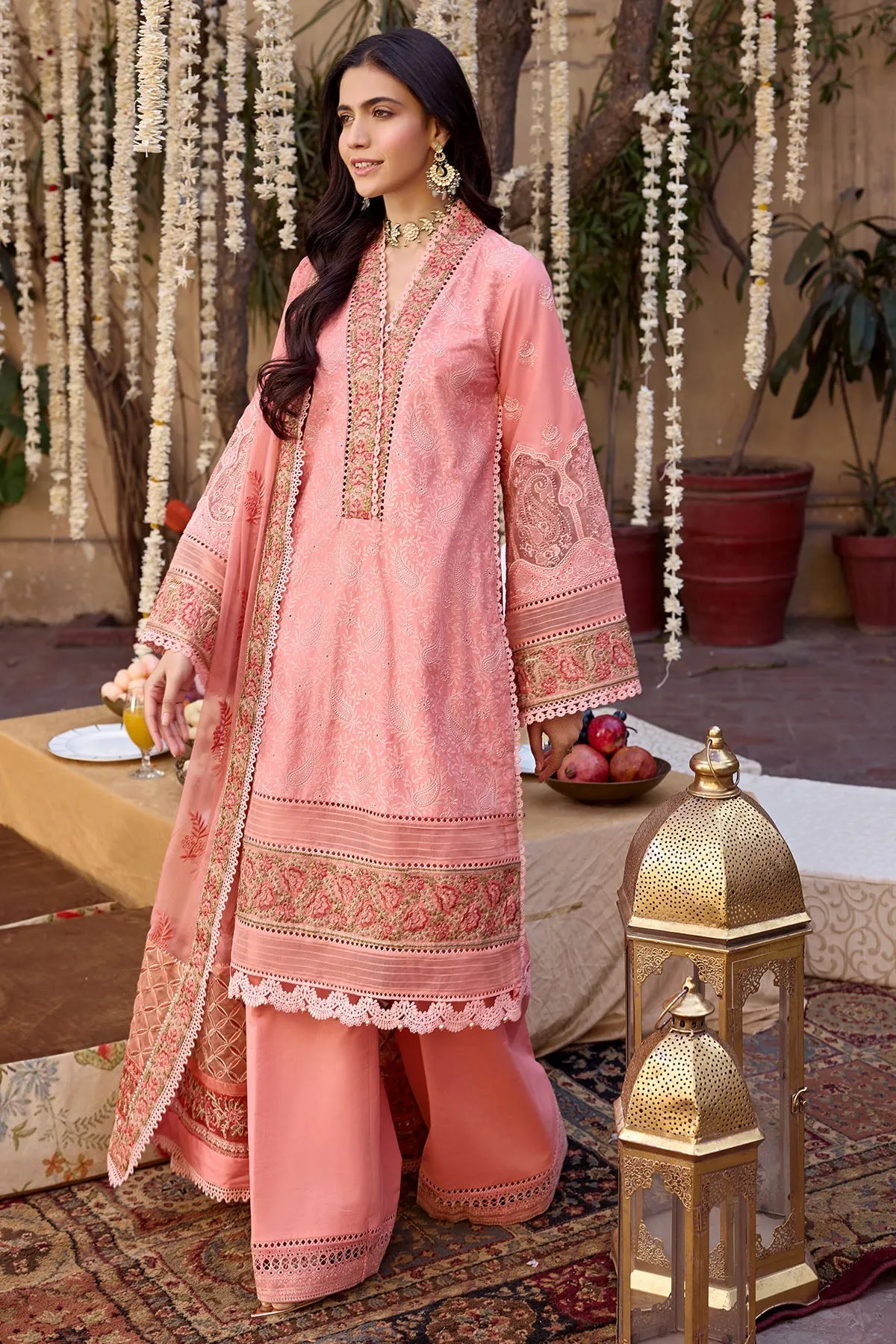 Pakistani Traditional Peach Long kameez Trousers Eid Dress