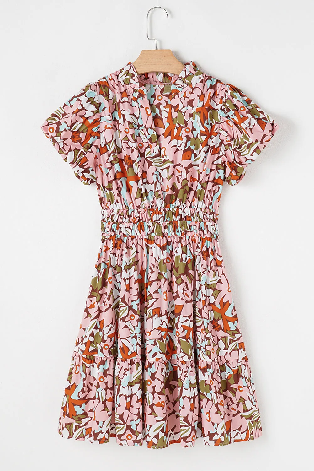 Pink Floral Print Puff Sleeve Shirred High Waist Mini Dress