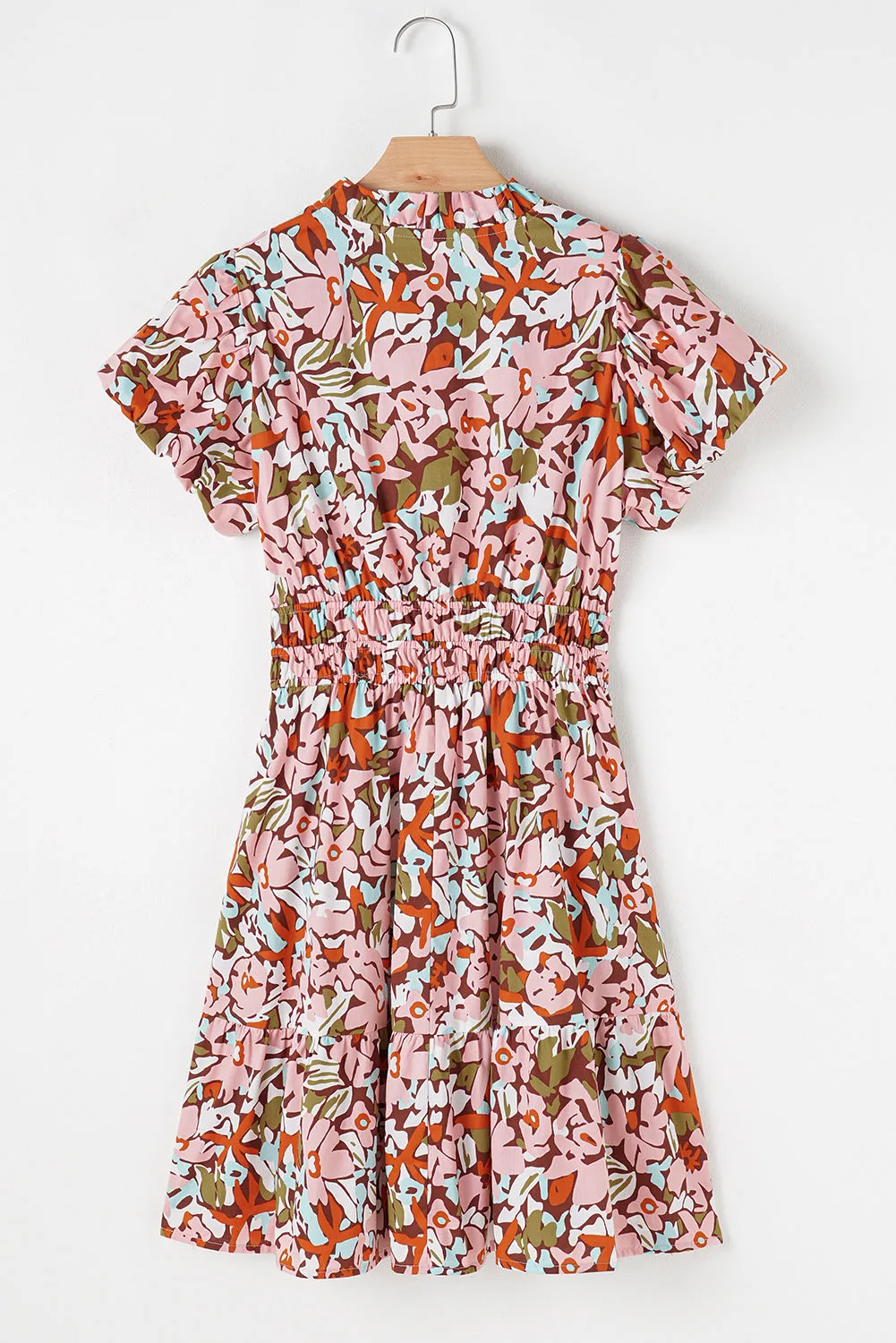 Pink Floral Print Puff Sleeve Shirred High Waist Mini Dress