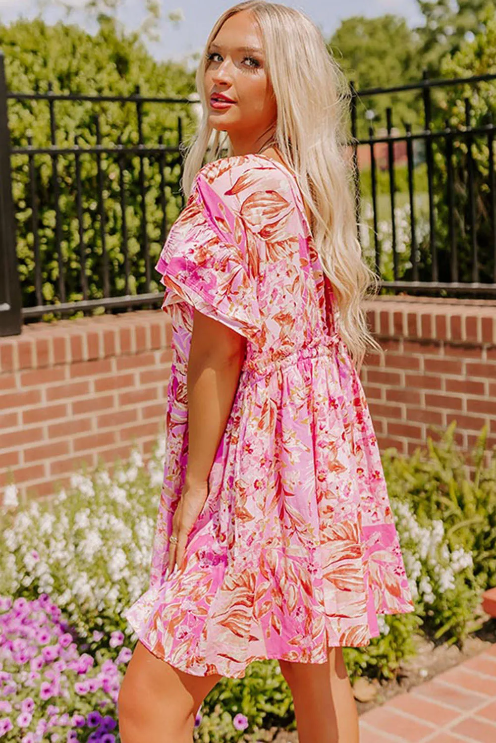 Pink Tie Knot Open Back V Neck Floral Dress