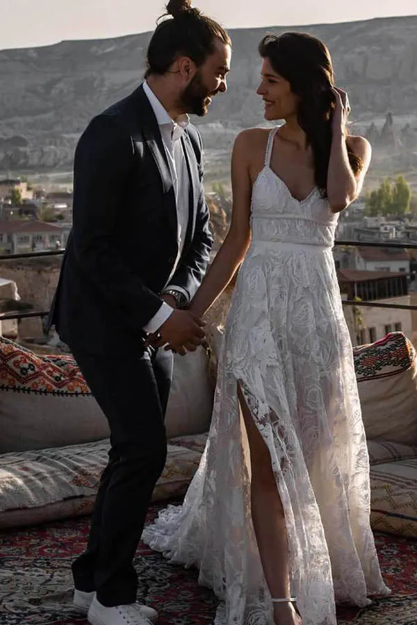 Roycebridal Charming Ivory Boho Lace Bohemian Long Beach Wedding Dresses Bridal Dress, MW263