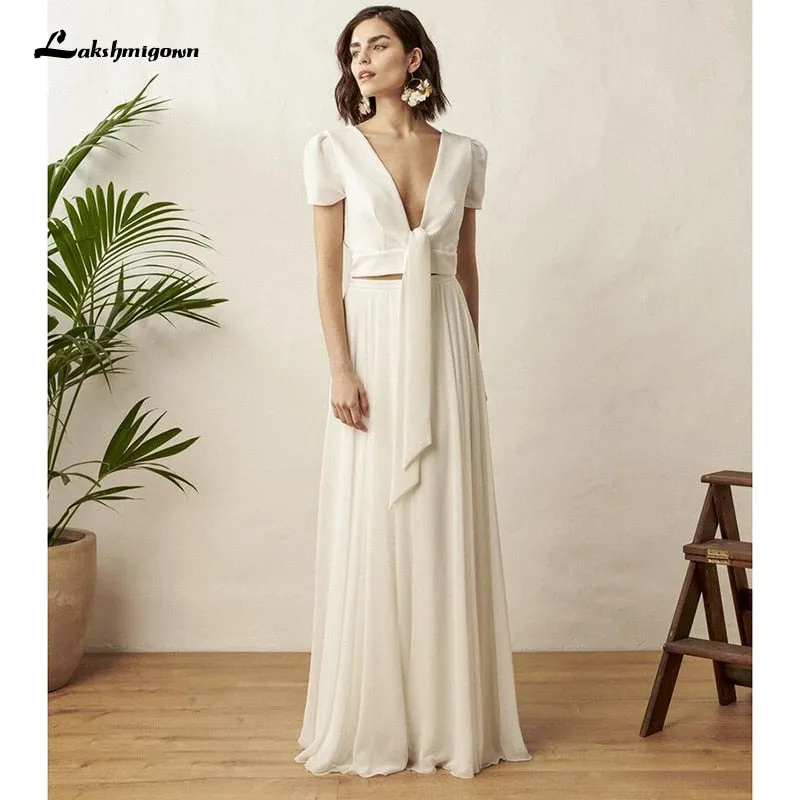 Roycebridal Two Piece White Wedding Dress Boho Wedding Dress Simple Beach Short Sleeve Backless Robe De Mariee For women