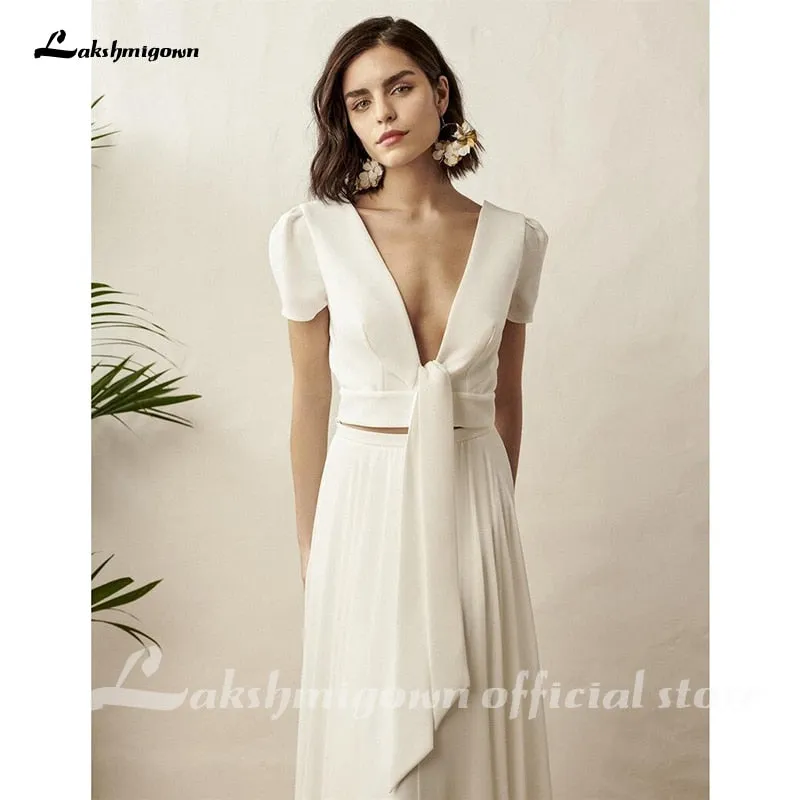 Roycebridal Two Piece White Wedding Dress Boho Wedding Dress Simple Beach Short Sleeve Backless Robe De Mariee For women