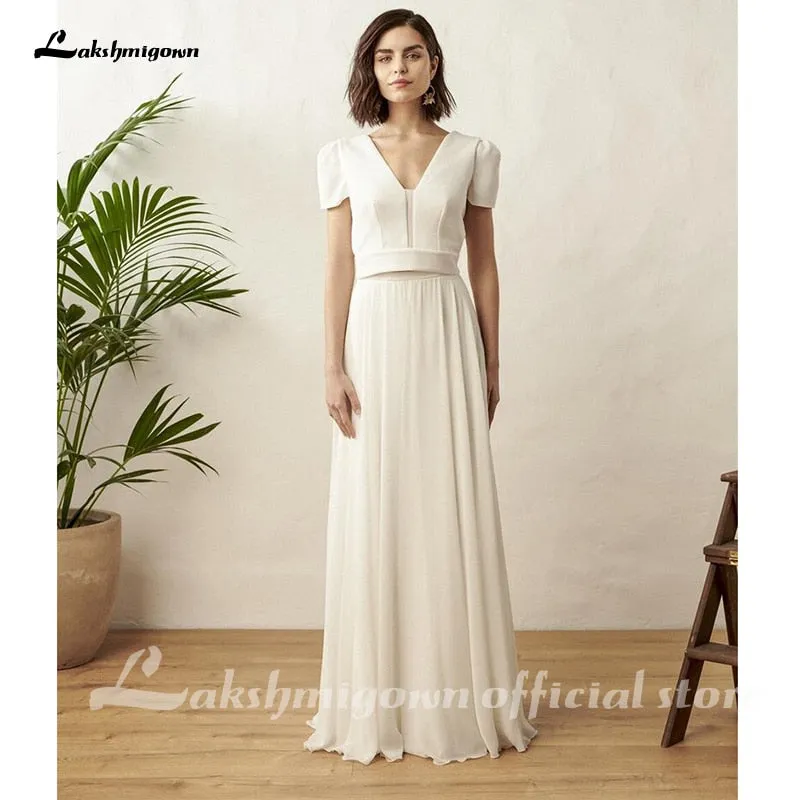 Roycebridal Two Piece White Wedding Dress Boho Wedding Dress Simple Beach Short Sleeve Backless Robe De Mariee For women