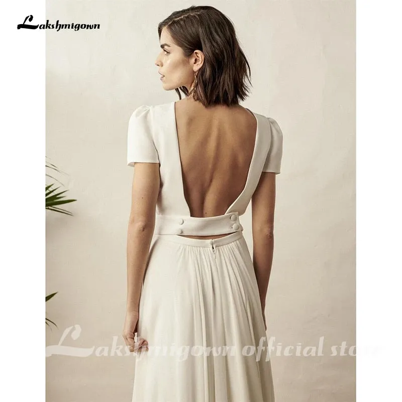 Roycebridal Two Piece White Wedding Dress Boho Wedding Dress Simple Beach Short Sleeve Backless Robe De Mariee For women