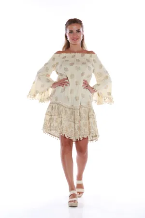 Short Off shoulder Dress with gold Lurex - Ivory