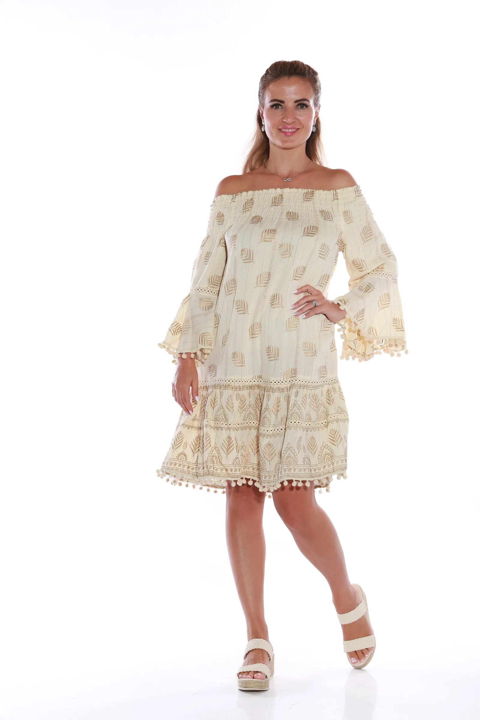 Short Off shoulder Dress with gold Lurex - Ivory
