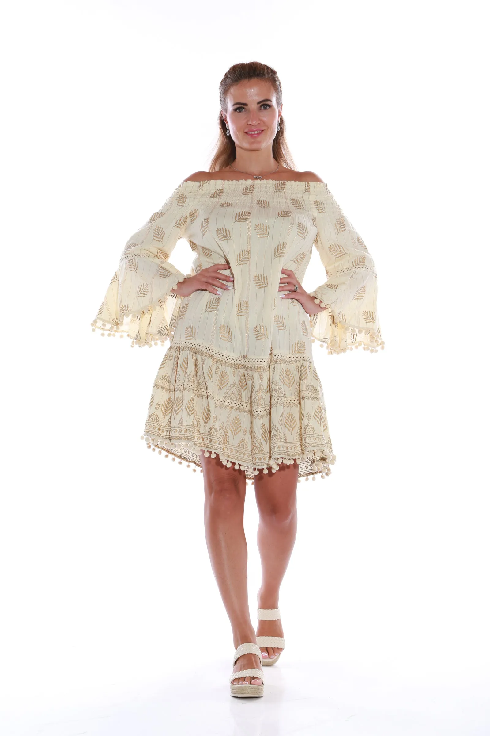 Short Off shoulder Dress with gold Lurex - Ivory