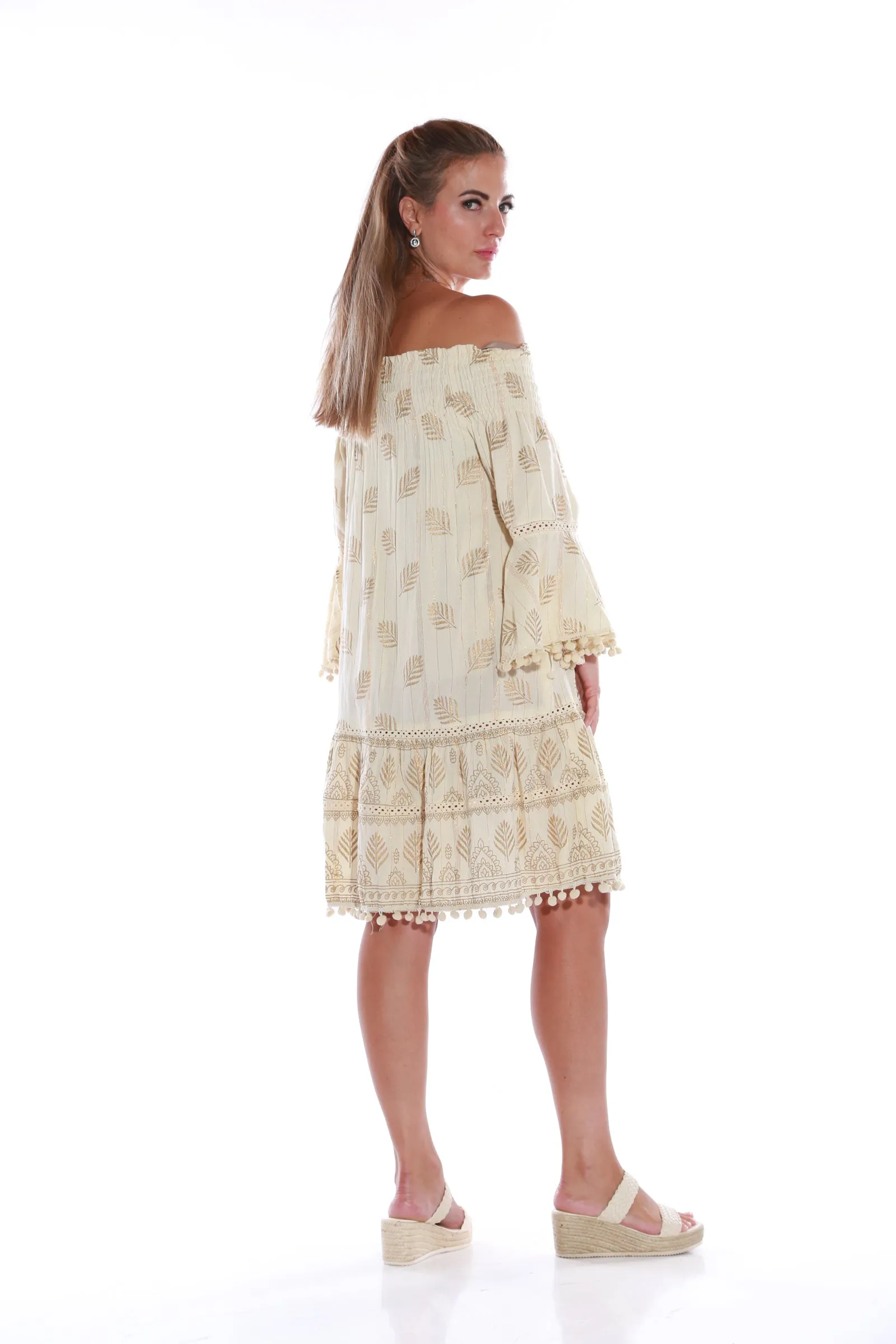 Short Off shoulder Dress with gold Lurex - Ivory