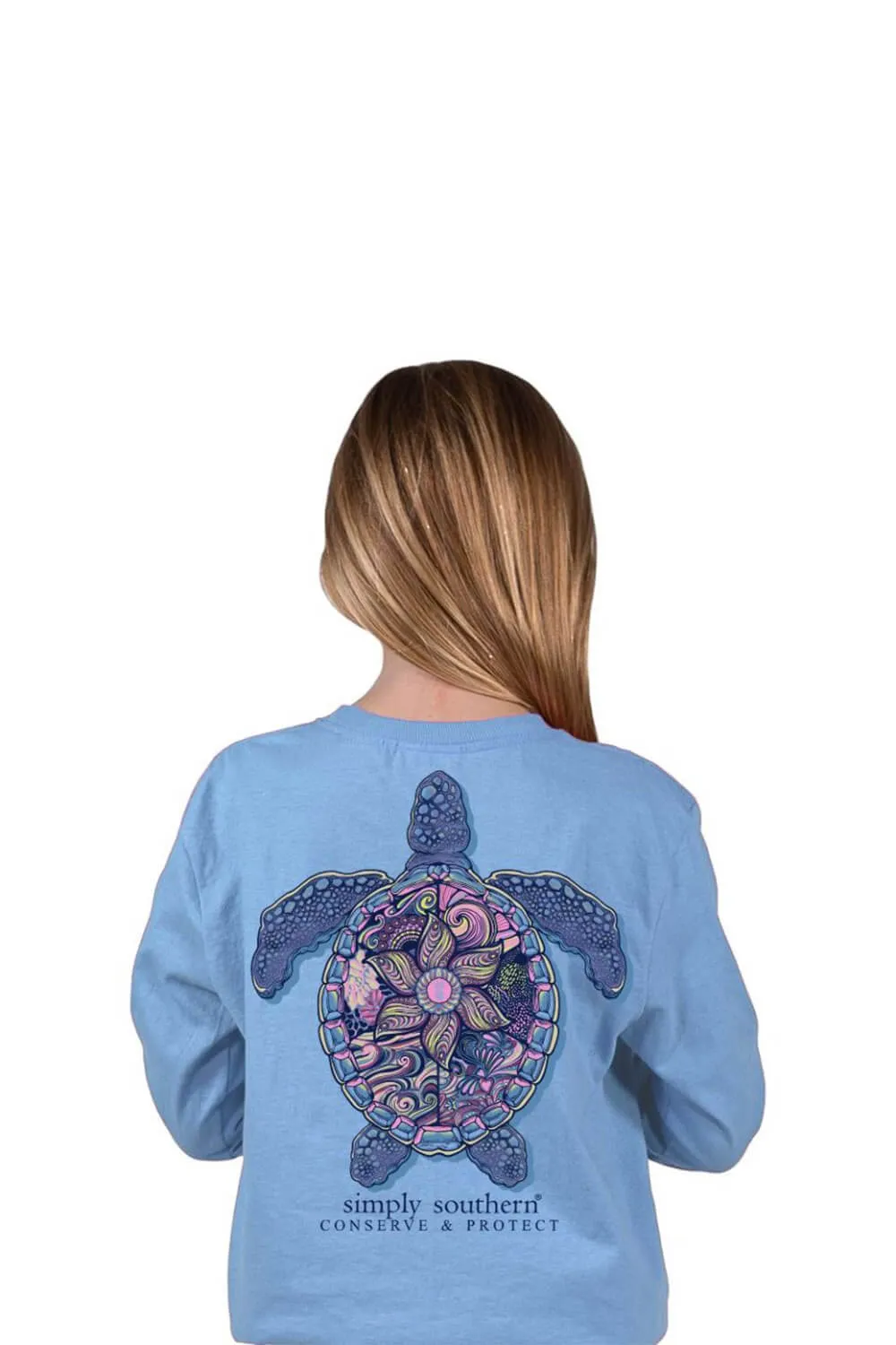 Simply Southern Youth Long Sleeve Mandala Turtle Tracking T-shirt for Girls in Carolina Blue | YTH-LS-TRACKT4-MNDLA-CAROBLU