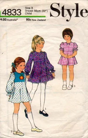 Style 4833 Toddler Girls Puff Sleeved Mini Dress 1970s Vintage Sewing Pattern Size 3 or 5