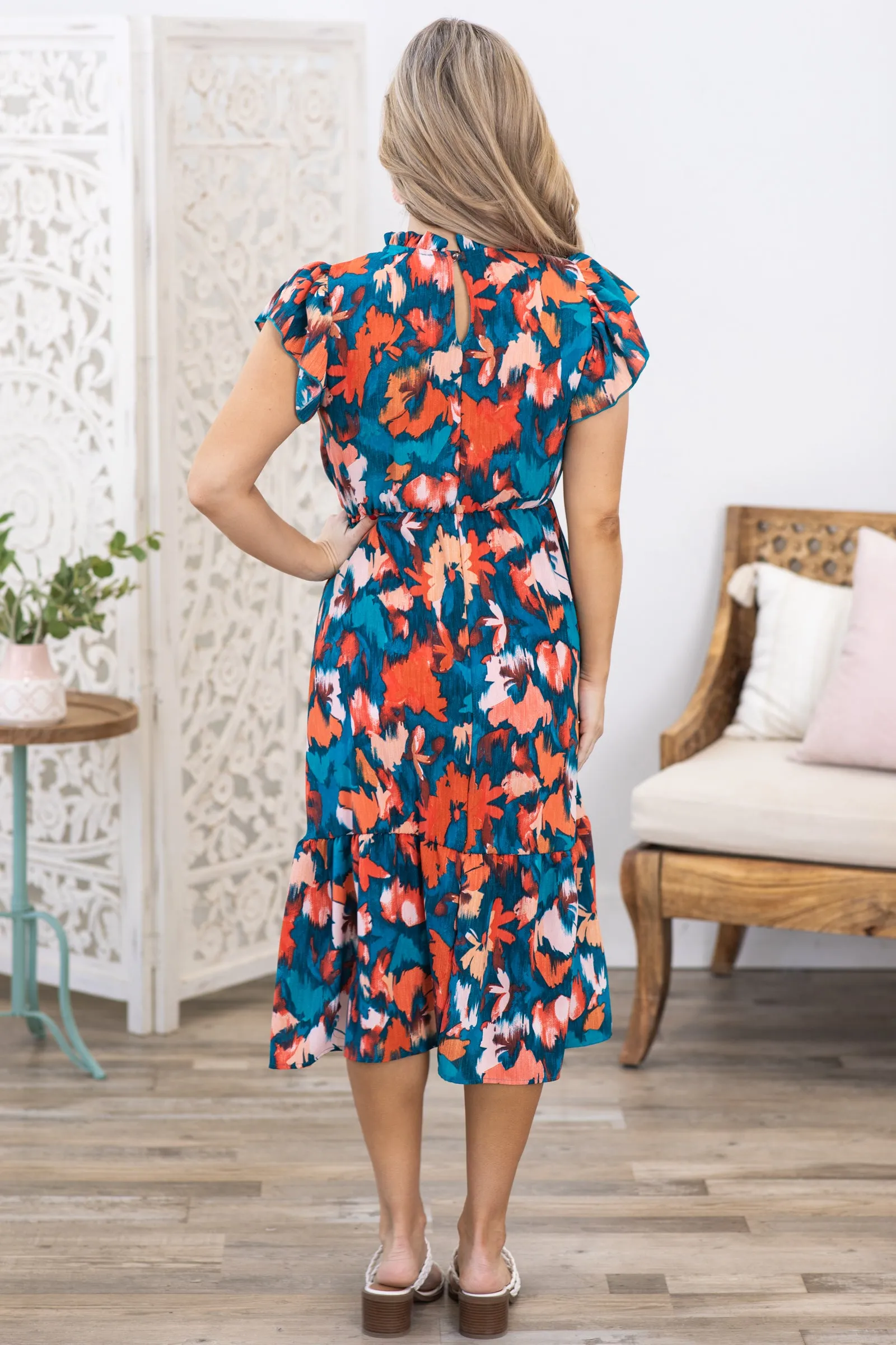 Teal and Coral Floral Mock Neck Midi Dress