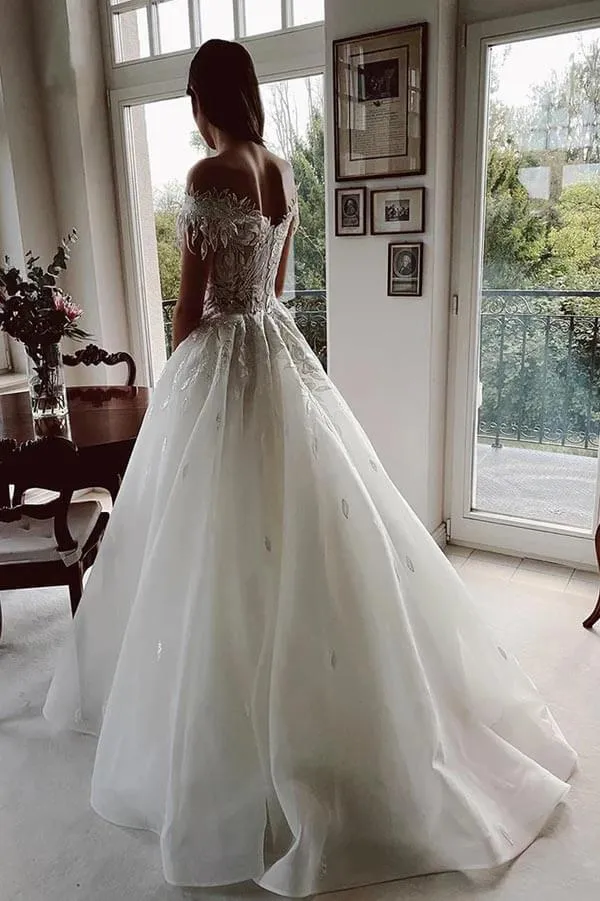 Tulle A-line Off-the-Shoulder Lace Appliqued Rustic Wedding Dresses, MW1020