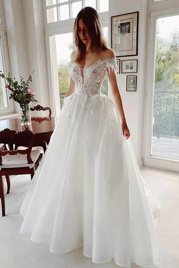 Tulle A-line Off-the-Shoulder Lace Appliqued Rustic Wedding Dresses, MW1020