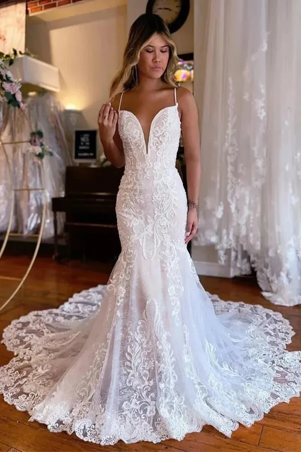 Tulle Lace Mermaid Spaghetti Straps V-neck Boho Wedding Dresses, MW1084