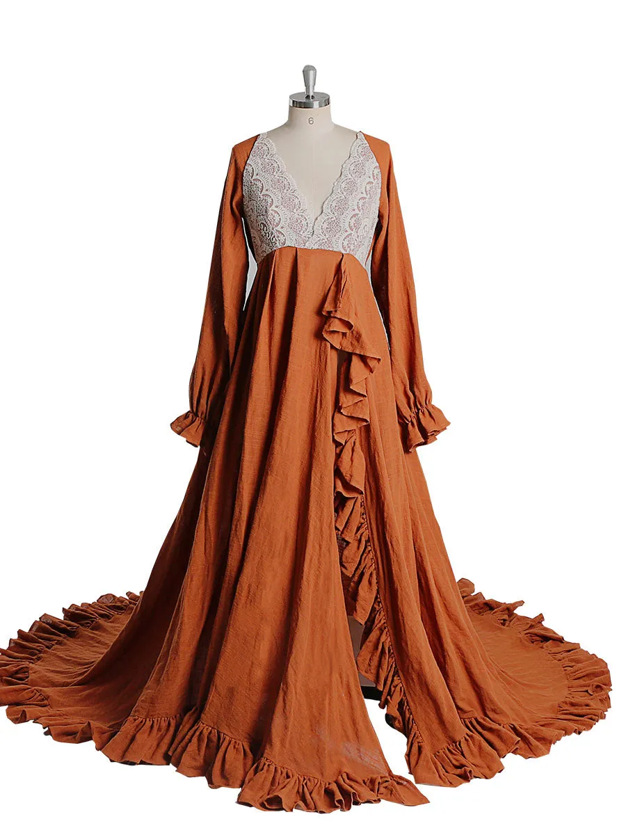 V Neck Cotton Evening Dresses Long Sleeves Side Slit Photo Shoot Dresses for Baby Shower Photography Props YEWEN YW230216