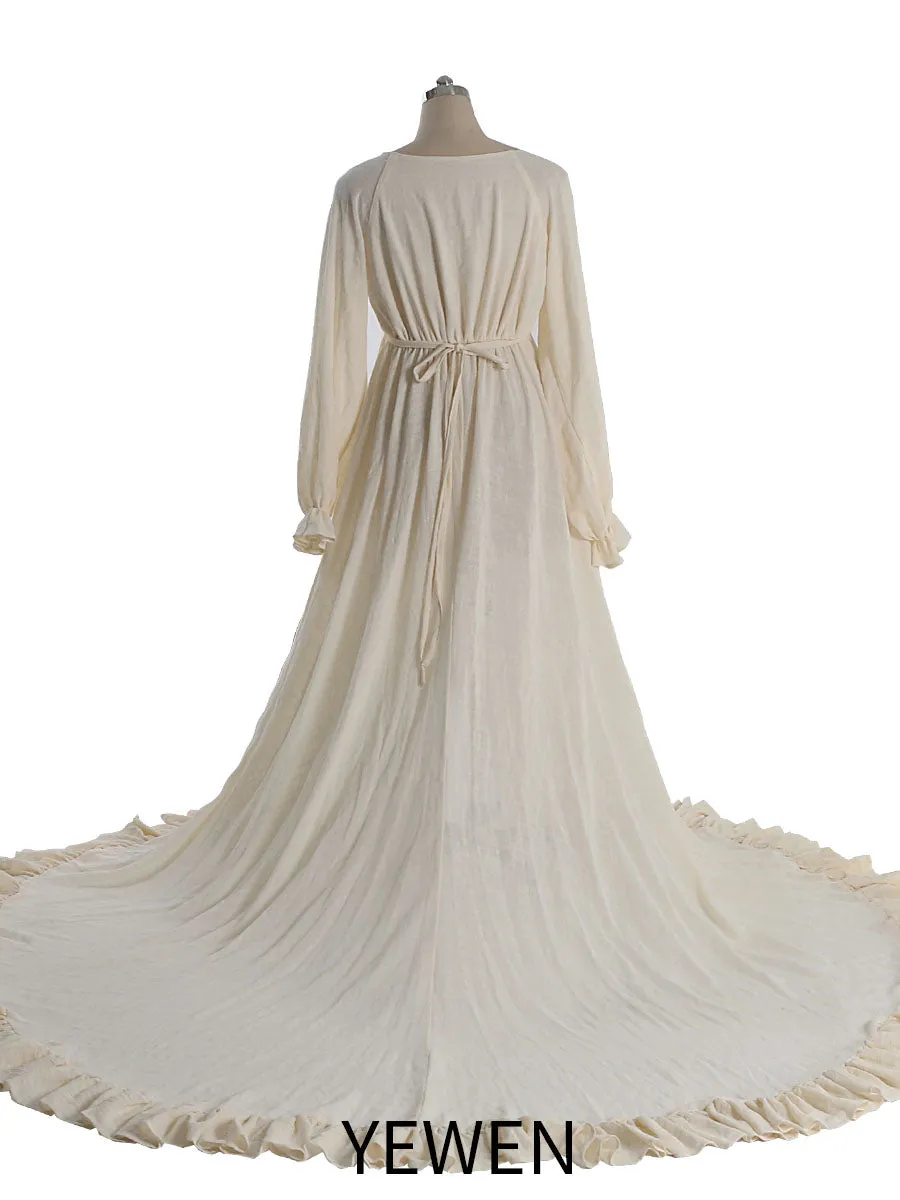 V Neck Cotton Evening Dresses Long Sleeves Side Slit Photo Shoot Dresses for Baby Shower Photography Props YEWEN YW230216