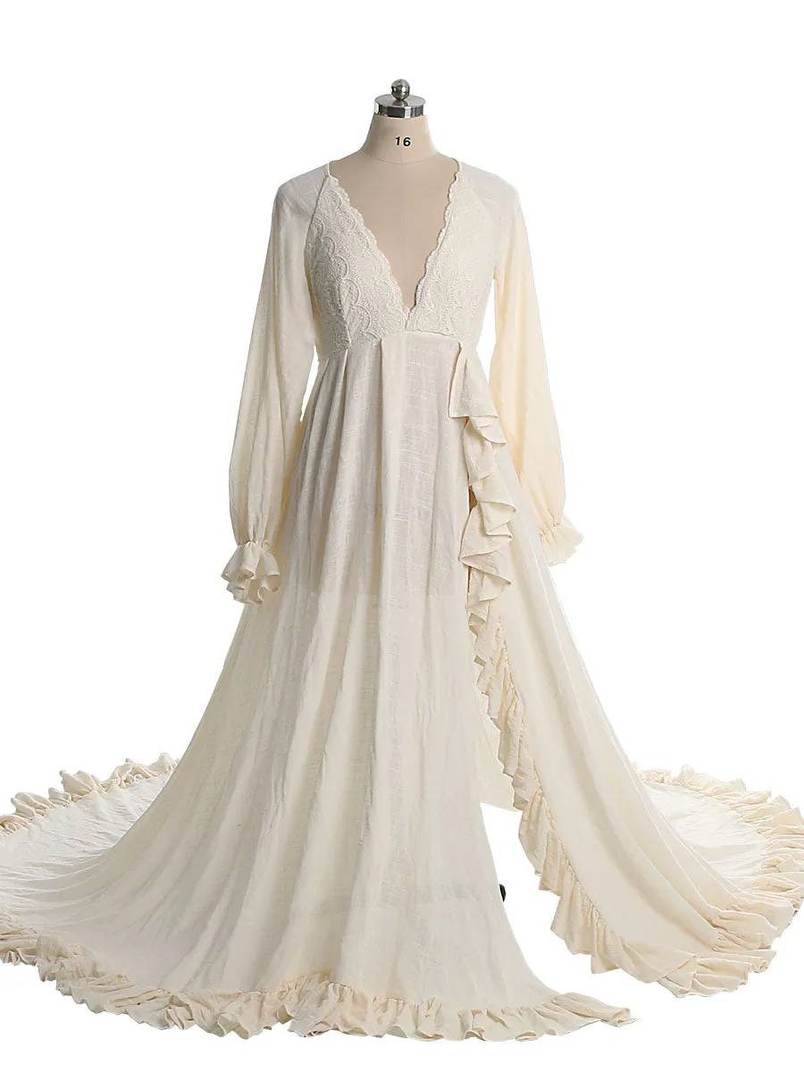 V Neck Cotton Evening Dresses Long Sleeves Side Slit Photo Shoot Dresses for Baby Shower Photography Props YEWEN YW230216