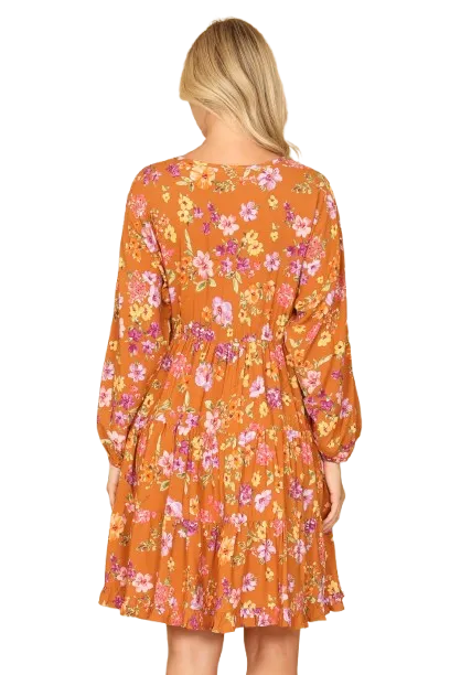V Neck Floral Long Sleeve Tiered Dress Caramel - Pack of 6