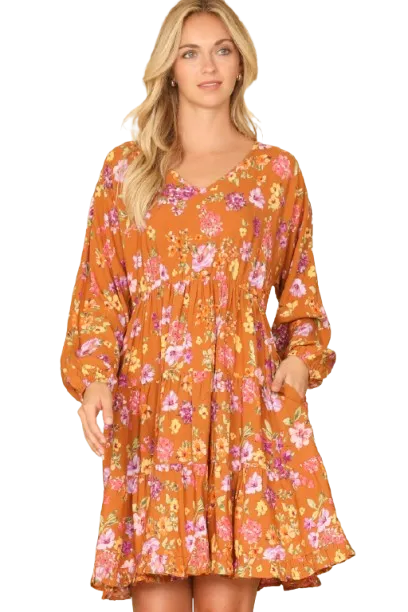 V Neck Floral Long Sleeve Tiered Dress Caramel - Pack of 6