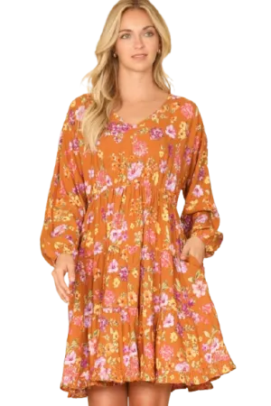 V Neck Floral Long Sleeve Tiered Dress Caramel - Pack of 6