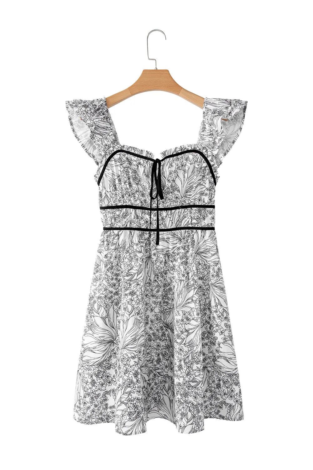 White Floral Print Pipping Trim Flutter Sleeve Mini Dress